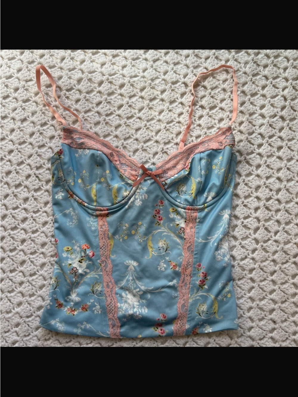 Edikted Powder Blue Floral Lace-Trim Corset Top with Pink Accents